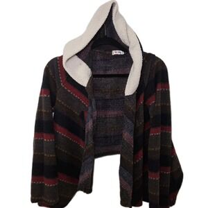 Hooded Cardigan Sweater Womens M Sherpa Hood Plaid Toggle Boho Cozy